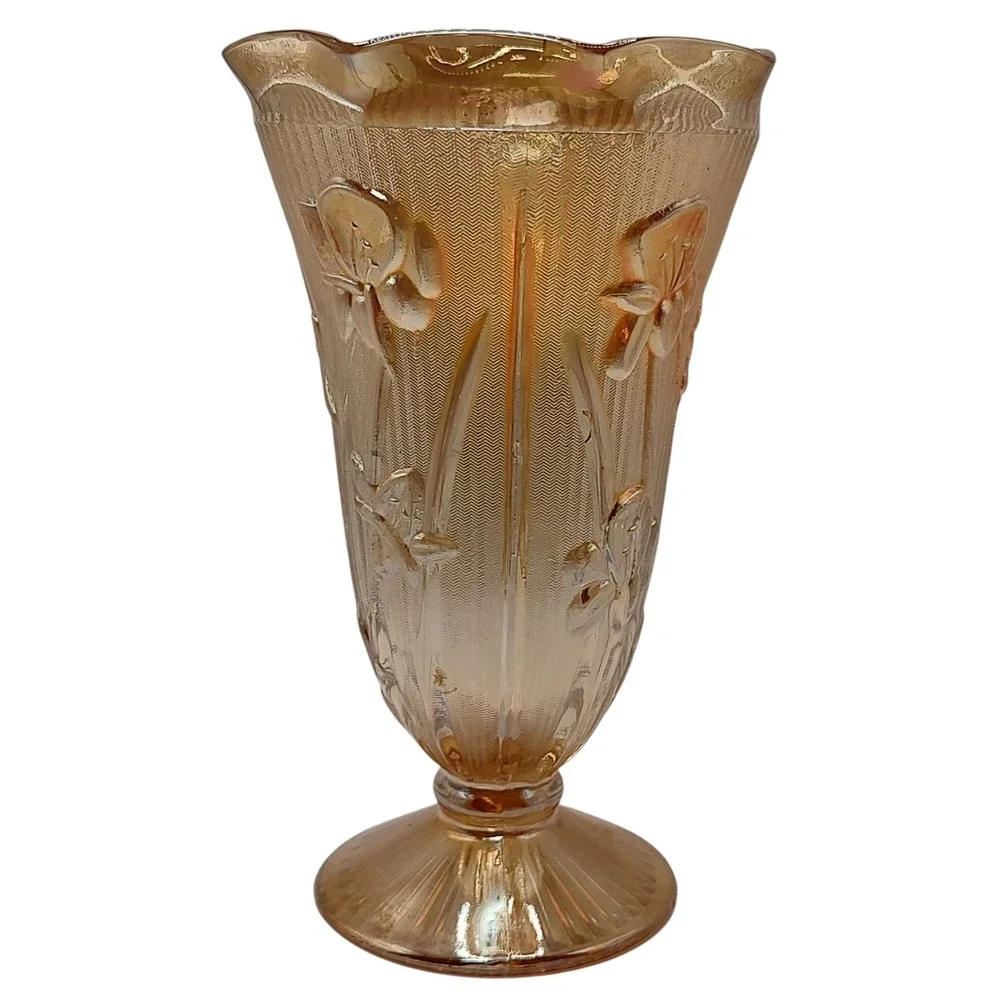 Jeanette‎ Carnival Glass Vase Marigold Herringbone Iris Depression Glass Vintage